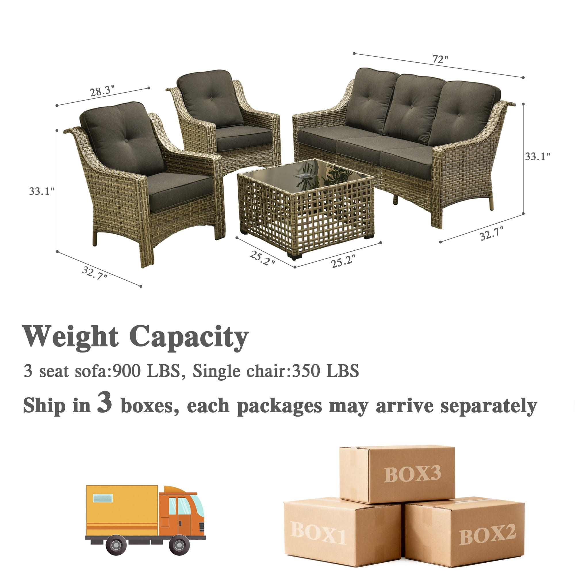Ovios 4 Pieces Outdoor Furniture Set High Back All-Weather Wicker Patio Conversation Set with Solar Light Coffee Table, Black