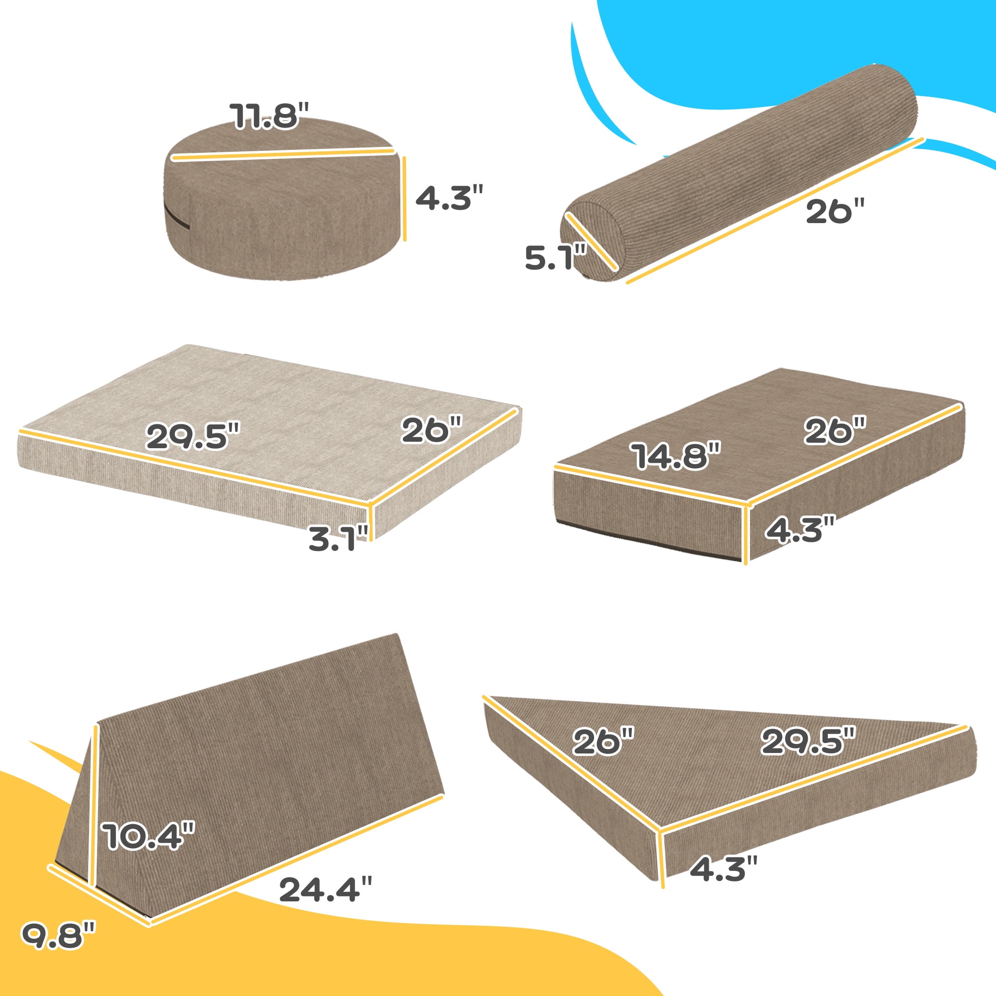Soft Play Mat Qaba Modular Kids Play Couch, 12 Piece Kids Couch for Playroom Bedroom, Convertible Sofa Lounger for Boys & Girls, Khaki,Toddler Play Mat