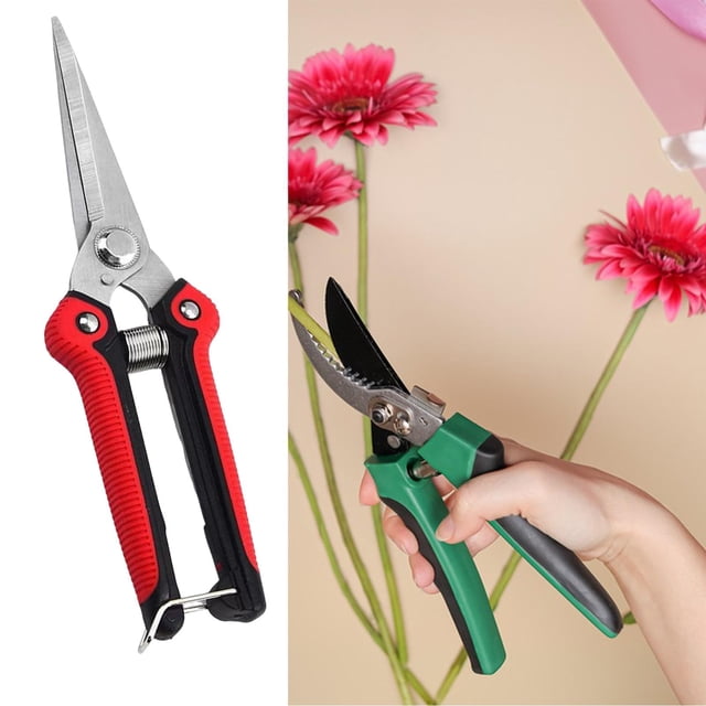 tijeras de jardinería, podadoras de mano, tijeras de jardinería multifuncionales, de podar para el hogar, recolección de frutas en macetas. Tijera roja y negra de 20.7 cm con hojas de acero inoxidable, mango ergonómico de PP antideslizante, resorte metálico y cierre de seguridad; mano usando una podadora para recortar tallos y flores en macetas; también adecuada para podar bonsáis y trabajos de jardinería en casa.