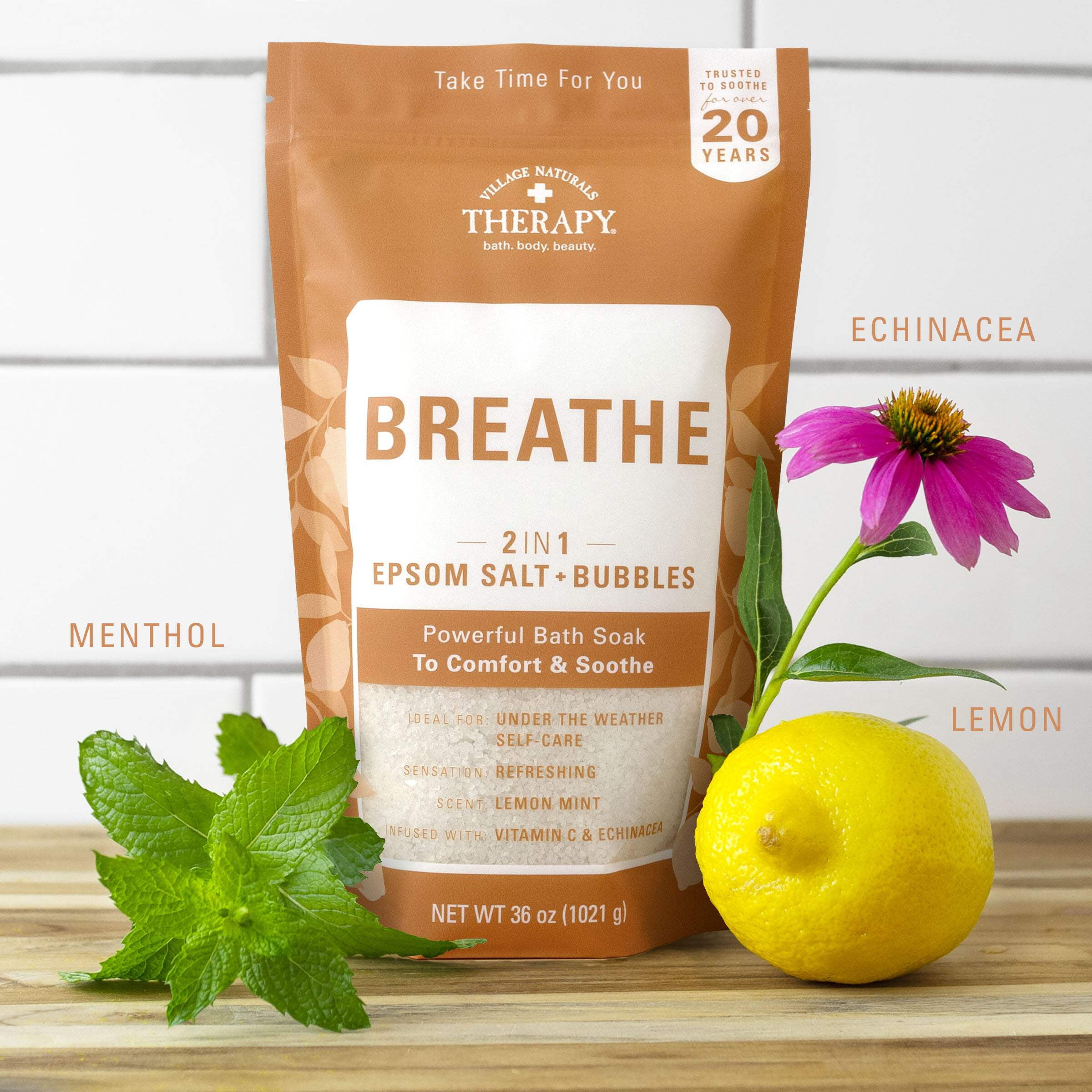 (2 pack) Village Naturals Therapy Breathe 2in1 Foaming Epsom Bath Soak, Echinacea, Ginger & Ginseng