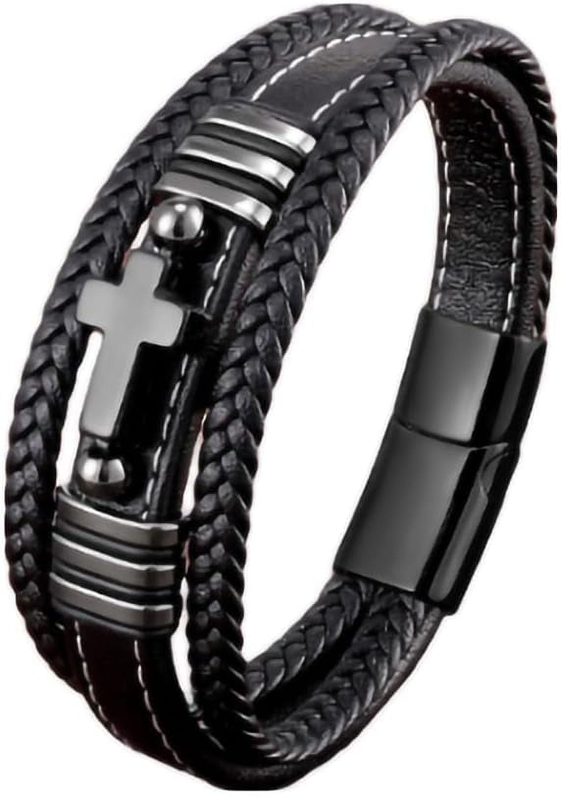 Men's Brown Braided Leather Cross Bracelet - Multi-Layer Religious Confirmation Gift In 5 Sizes