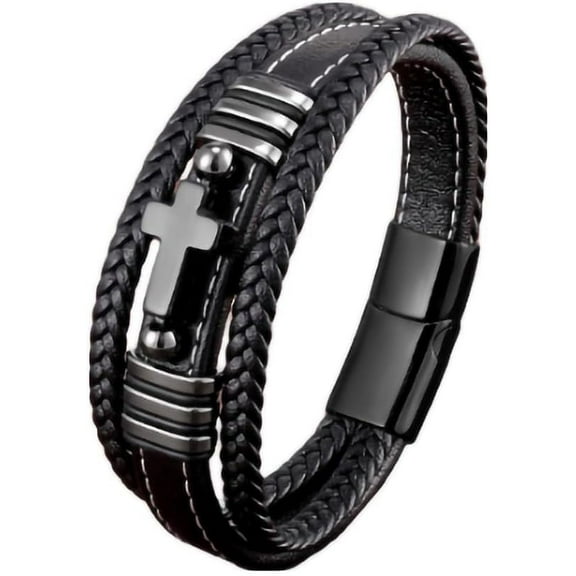 Cross Leather Bracelet For Men Multilayer Braided Memorial Wristband Bangle Stainless Steel Buckle Religious Activities Holiday Gifts