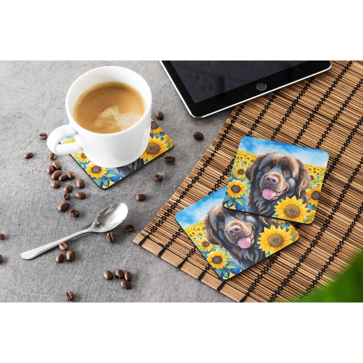 Newfoundland in Sunflowers Foam Coasters 3.5 in x 3.5 in