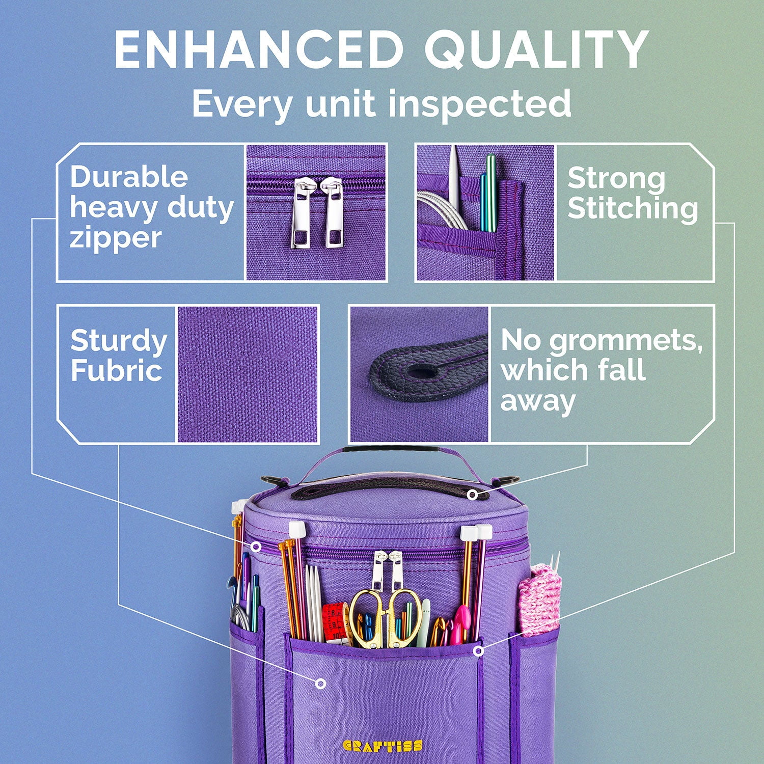 Craftiss Yarn Storage Bag - Purple Tote Yarn Bag, Durable Knitting and Crochet Organizer with Needle Case