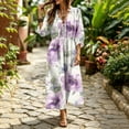 thumbnail image 2 of Lnmiateer Women Boho Maxi V Neck Dress Ruffle Lace Up Bust Puff 3/4 Sleeve Elastic Waist Side Slit Flowy Beach Long Casual Wear, 2 of 7
