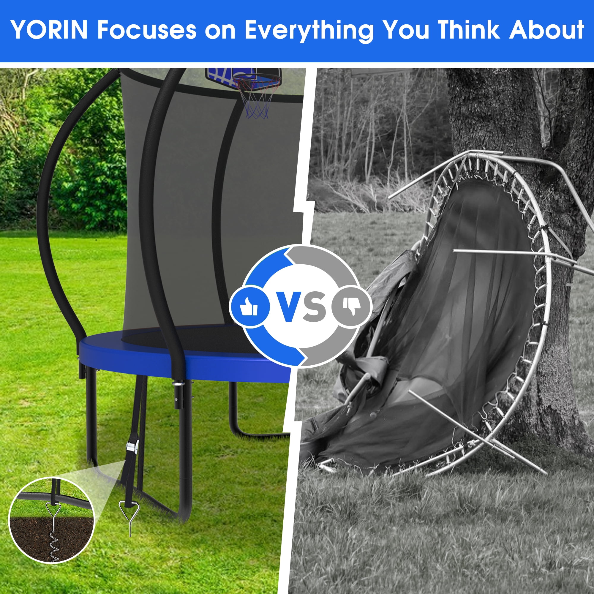 YORIN Trampoline for 2-3 Kids, 8FT Trampoline for Adults with Enclosure Net, Basketball Hoop, Ladder, 800LBS Weight Capacity Outdoor Recreational Trampoline, Heavy Duty Trampoline