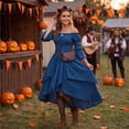 thumbnail image 3 of Off Shoulder Tiered Dress, Lace Up Corset Waist Dress, Long Sleeve Medieval Costume, Renaissance Dress Women Medieval Costume Victorian Dresses Peasant Gothic Fairy Witch Wedding Under Dress, Blue M, 3 of 5