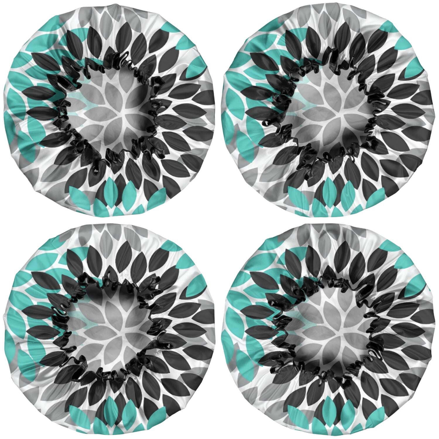 Shower Caps,Black Turquoise and Gray Floral Pattern Waterproof Shower Cap for Women 4 Pieces,Double Reusable Hair Cover for Shower PEVA Elastic Stretch Hem