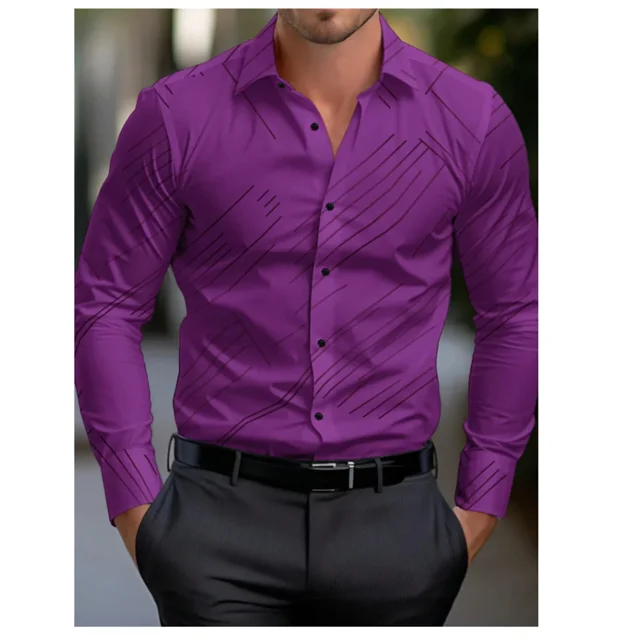 Camisa de solapa con estampado 3D de línea negra de gran venta para hombres, ropa casual lujosa de moda de alta calidad para hombres en la calle