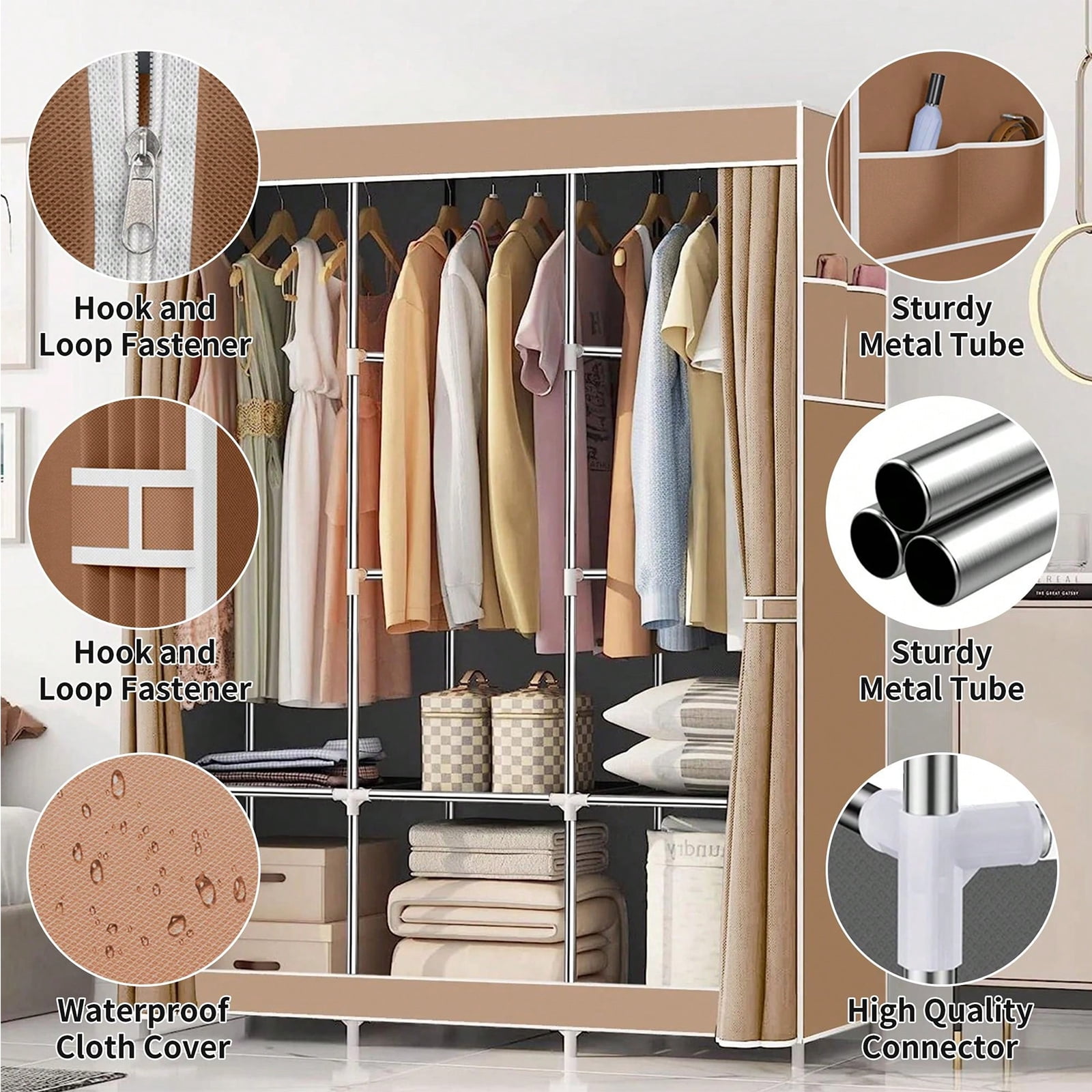 Non-Woven Fabric Closet Organizers and Storage with Cover, Portable Wardrobe Closet Storage, Dustproof Clothing Rack Shelf, Beige