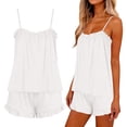 thumbnail image 7 of Women's Solid Satin Bridal Two Piece Pajama Sets, Ruffle Spaghetti Strap Tank Top & Elastic Waist Shorts, Romantic Glossy Fabric Ideal For Wedding Spa Daily | TruHer,White L, 7 of 7