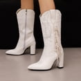 thumbnail image 2 of Fringe Cowboy Boots for Women Block High Heel Fashion Embroidery Pointed Toe Zip up Winter Dress Mid Calf Booties, 2 of 5
