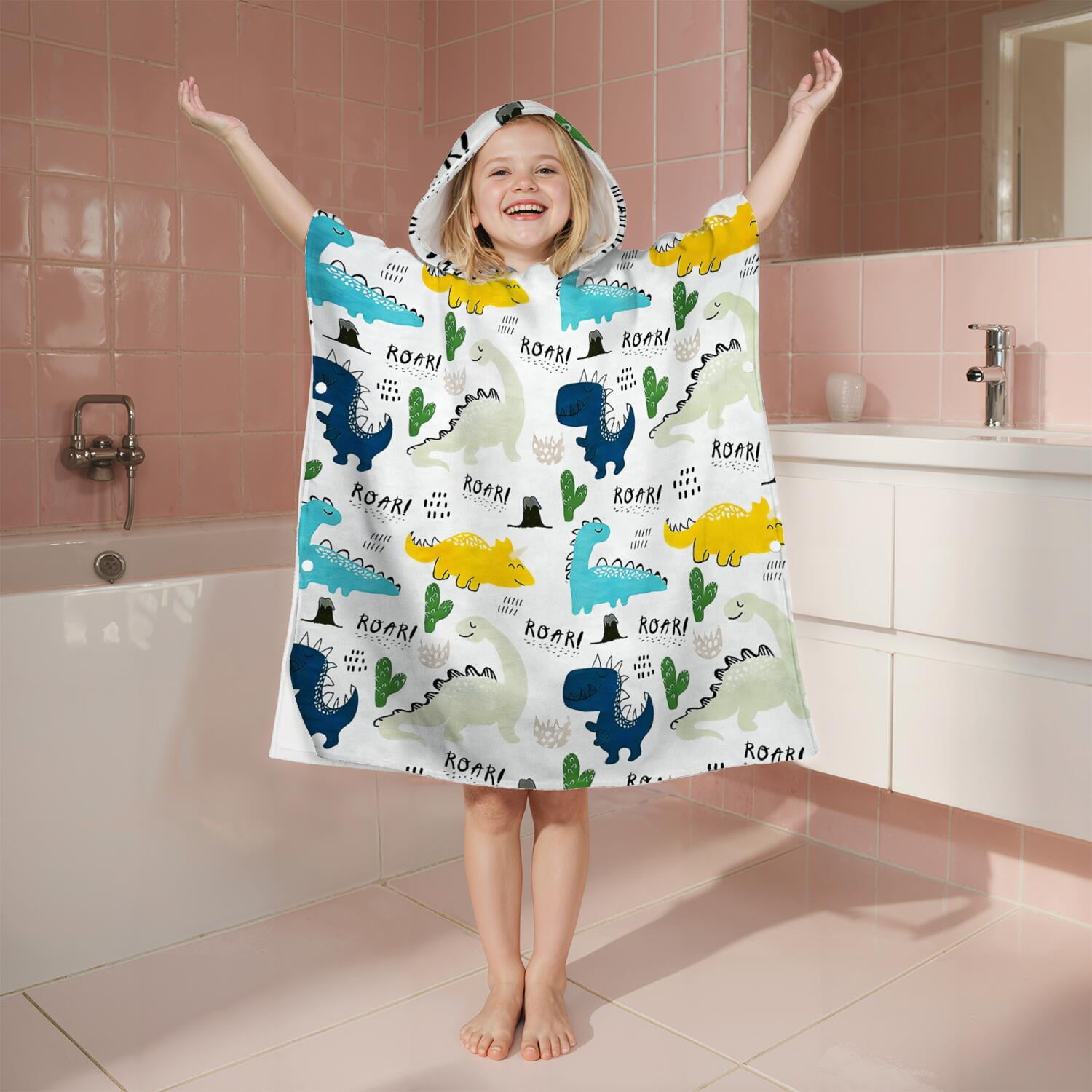 Hooded Kids Beach Towels - Toddler Bath Towel Girls Boys Swimming Cover-ups for Ages 2 to 6 Kids Pool Towels Quick Dry Lightweight Soft Microfiber Poncho Towel 28x28 (Dinosaur Pattern)