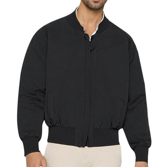 KIHOUT Men's Stand Collar Bomber Jacket - Classic Aviator Style with Ribbed Trim and Zippered Pockets for Sophisticated Casual Wear