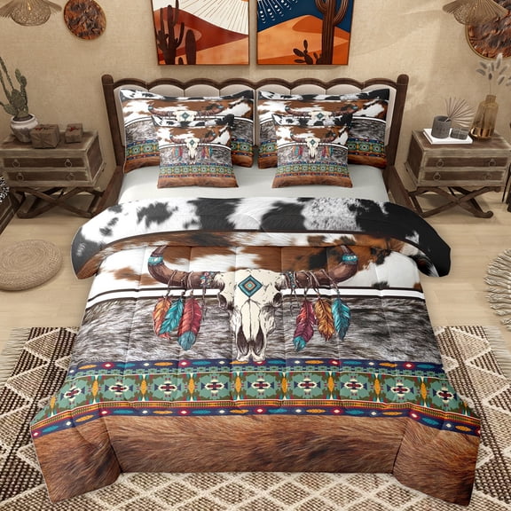 Homewish Boho Bull Skull 7-Piece Twin Bedding Sets,Country Cattle Hide Bedding Comforter Set,Bohemian Tribal Sheet Sets For Boys,Luxury Bedroom Decor Reversible