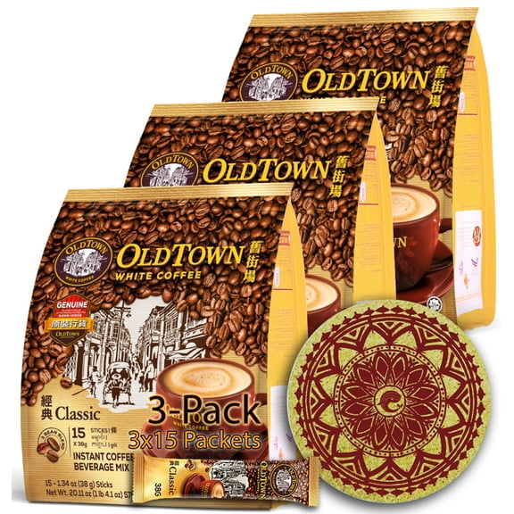 (3 Pack - Classic) OLD TOWN (3 in 1) Classic White Coffee Asian Instant Coffee OLDTOWNZ Eco Friendly Cork Coaster Package, oldtown White Coffee 45 Packets