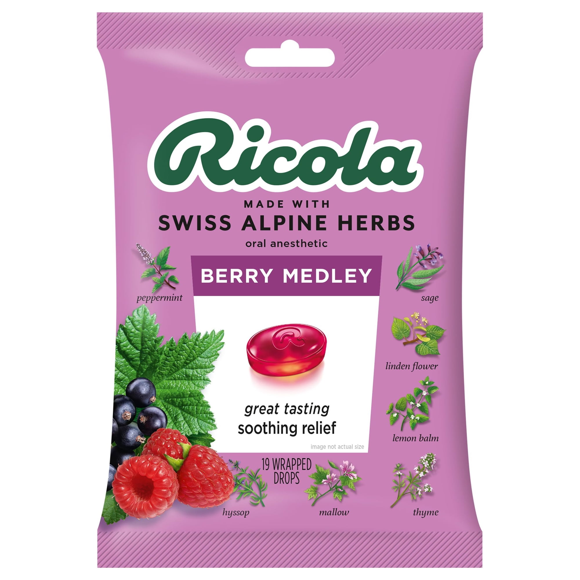 Ricola Berry Medley Bag Cough Suppressant Throat Drops Naturally Soothing Long-Lasting Relief - 19 Count Pack of 1