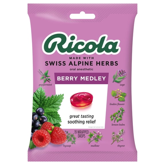 Ricola Berry Medley Bag Cough Suppressant Throat Drops Naturally Soothing Long-Lasting Relief - 19 Count Pack of 1