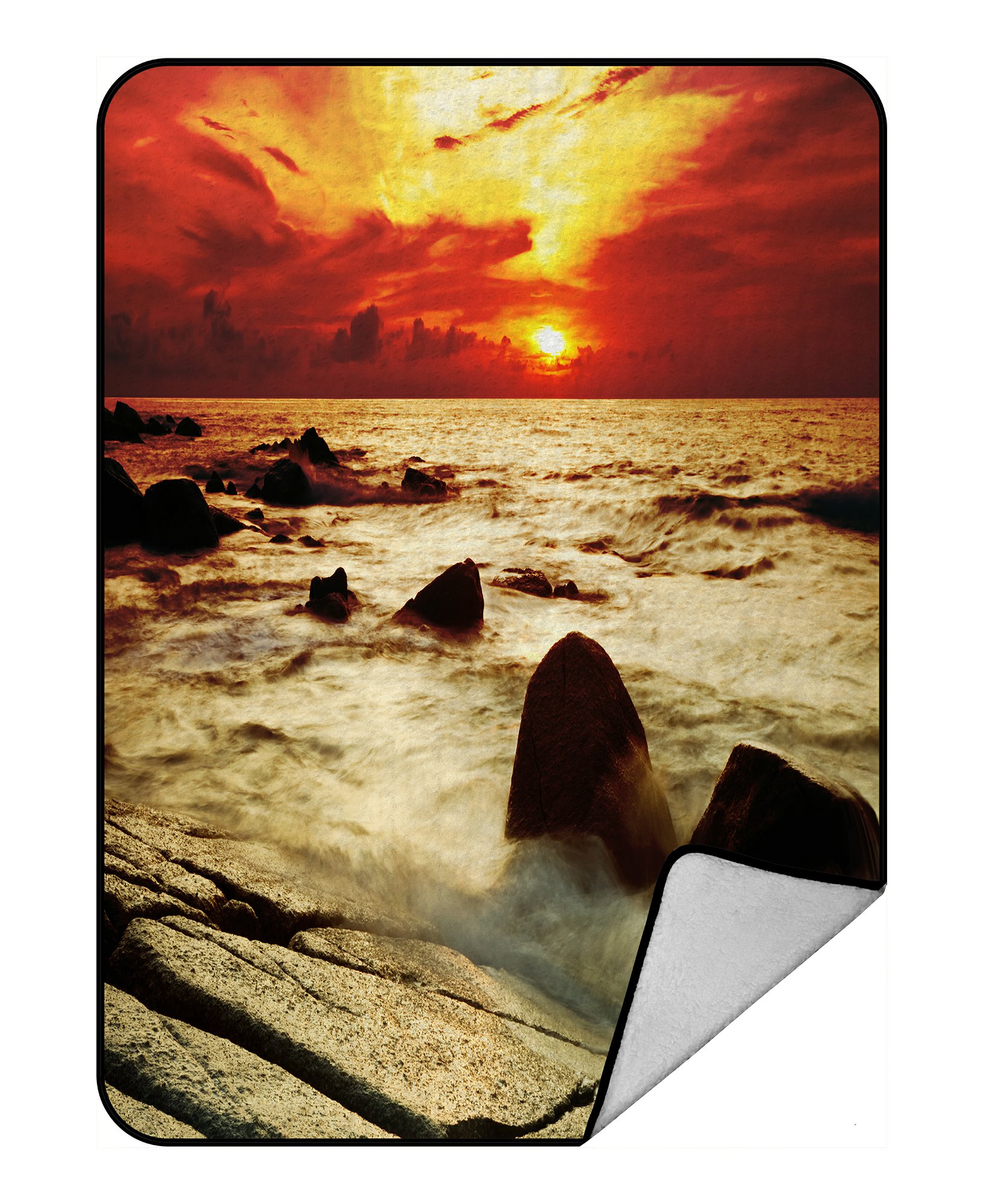 PHFZK Seascape Blanket, Tropical Sunset on the Stones Beach Fleece Blanket Crystal Velvet Front