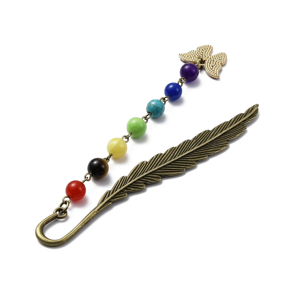 Butterfly Alloy Enamel Pendant Bookmark with Chakra Gemstone Bead Alloy Feather Bookmarks Gold 140x14.5x3.5mm
