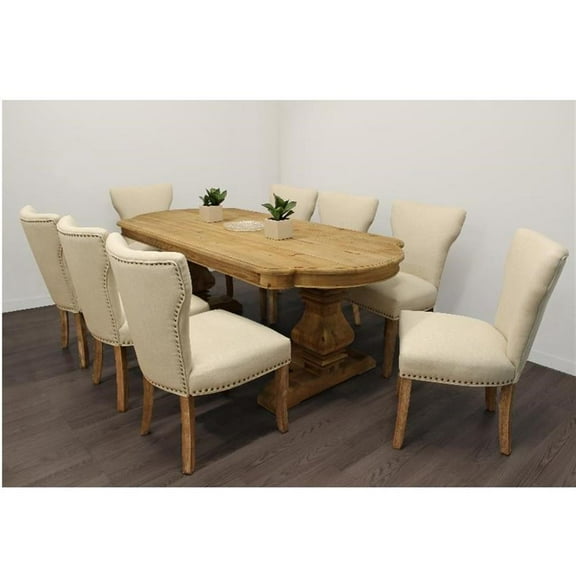 Moti 9-Piece Dining Set - 84" Table & 8 Ivory Linen Chairs in Natural