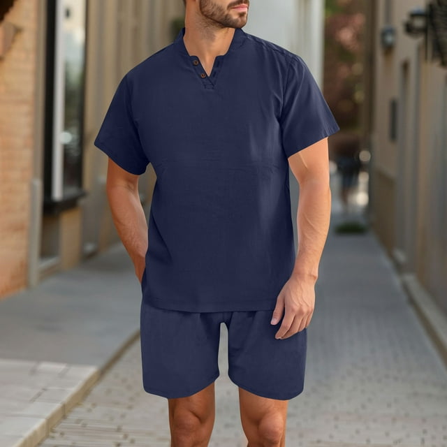 Handshe Men's Summer Solid Color Casual V - Neck Short - Sleeved & Shorts Set with Button Pockets