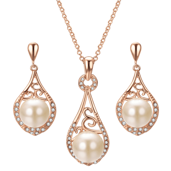 Yoursfs Gold Pearl Jewelry Sets Teardrop Dangle Pearl Stud Earrings and Necklace Set with 18 inch Chain Rhinestone CZ Bridal Bridesmaid Set For Women