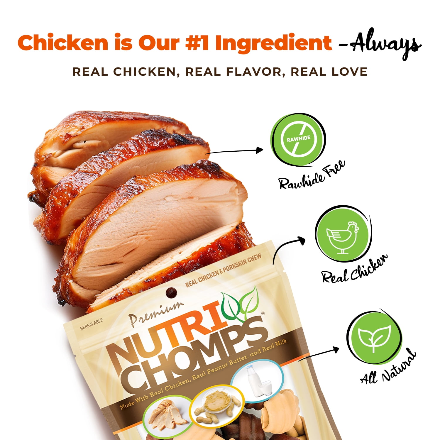 Nutri Chomps Rawhide-Free Knotted Dog Chews, 4-Inch, Chicken, Peanut Butter & Milk Flavor, 9 Count
