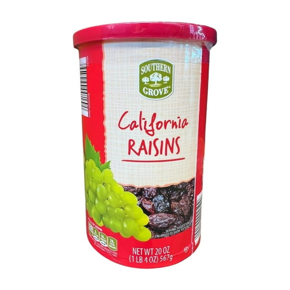 Southern Grove Dried California Raisins in Resealable tin. NET WT 20 oz (567g)