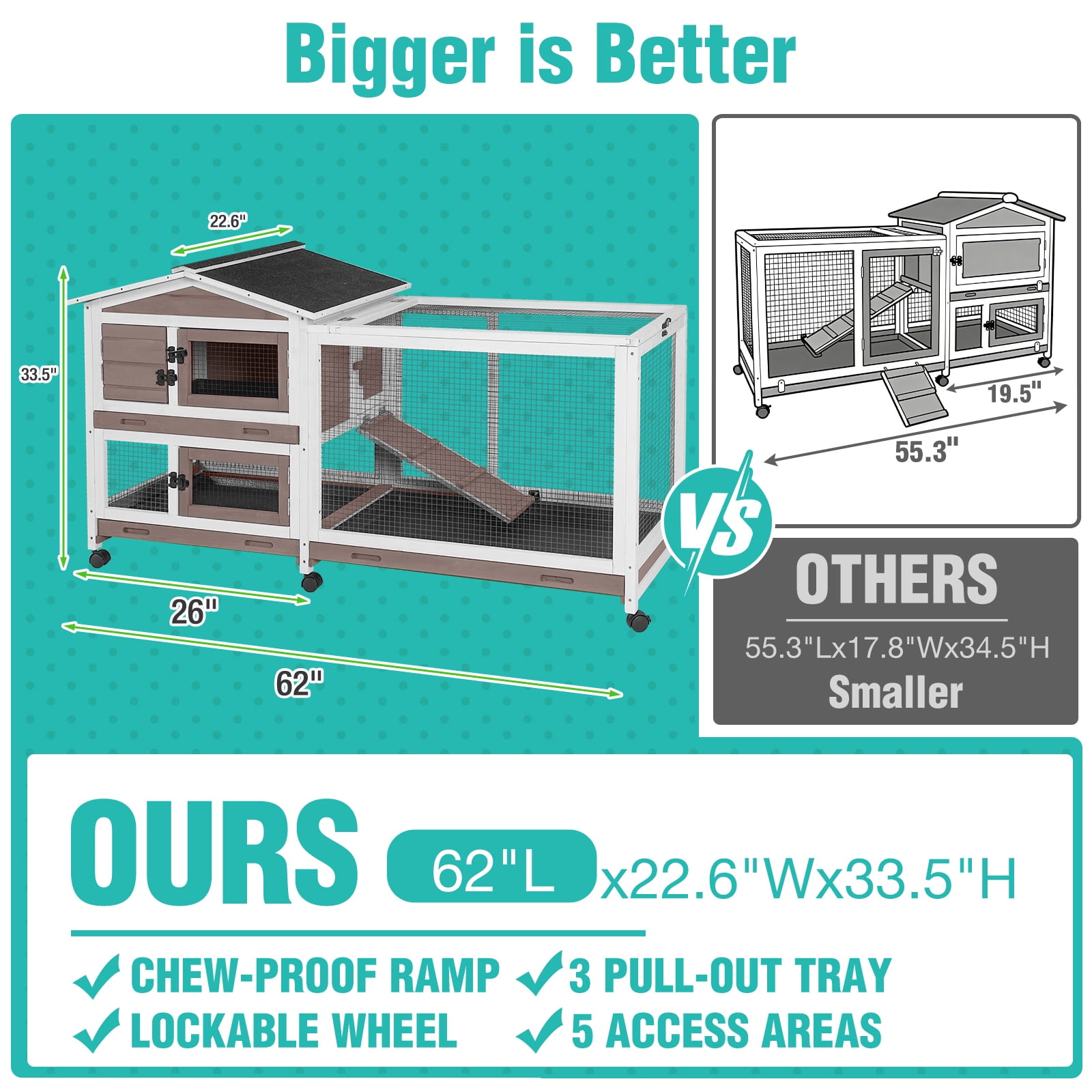 Aivituvin 62" Rabbit Hutch with Chew-Proof Ramp & Waterproof Roof - Indoor/Outdoor Bunny Cage, 2-Story Design, 6 Lockable Caster Wheels & Dual Pull-Out Trays (Brown)
