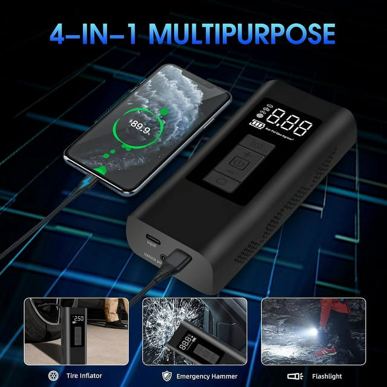 Tire Inflator Portable Air Compressor, 160 PSI Air Pump with 12000mAh Battery, 12V Dual Power