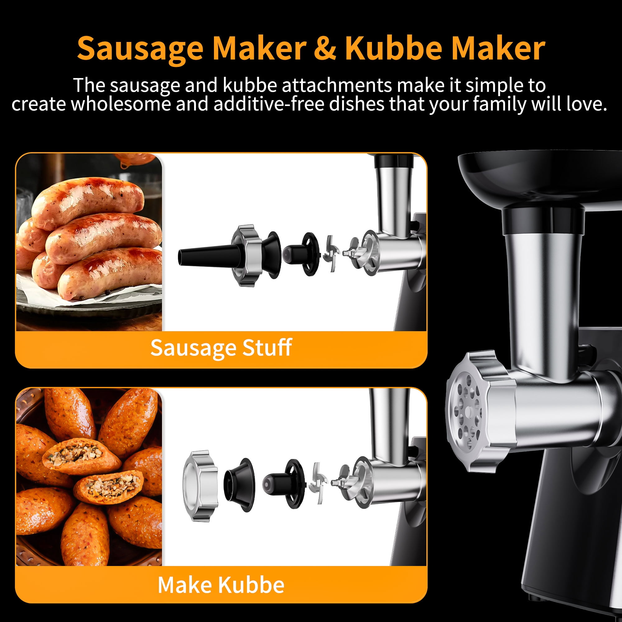 TINANA Electric Meat Grinder 2800W Heavy Duty Sausage Stuffer Machine, 4 Stainless Steel Plates, 2 Blades, Sausage Maker Kit and Kubbe, Multi-Functional Meat Mincer for Home Kitchen Beef Processing