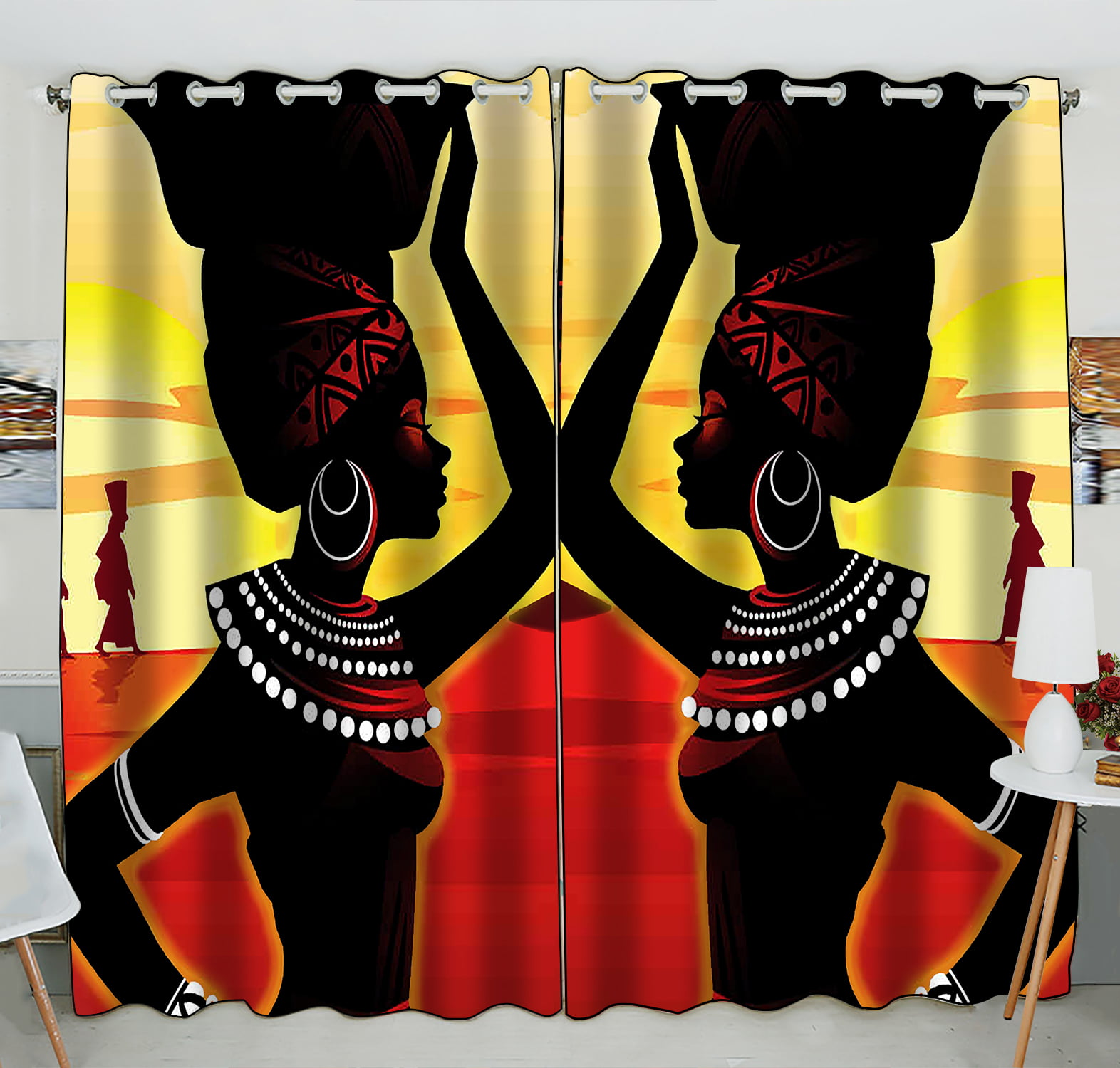 2 Panels 3D Window Fabric Curtain Darkening Blockout African Egyptian Women 