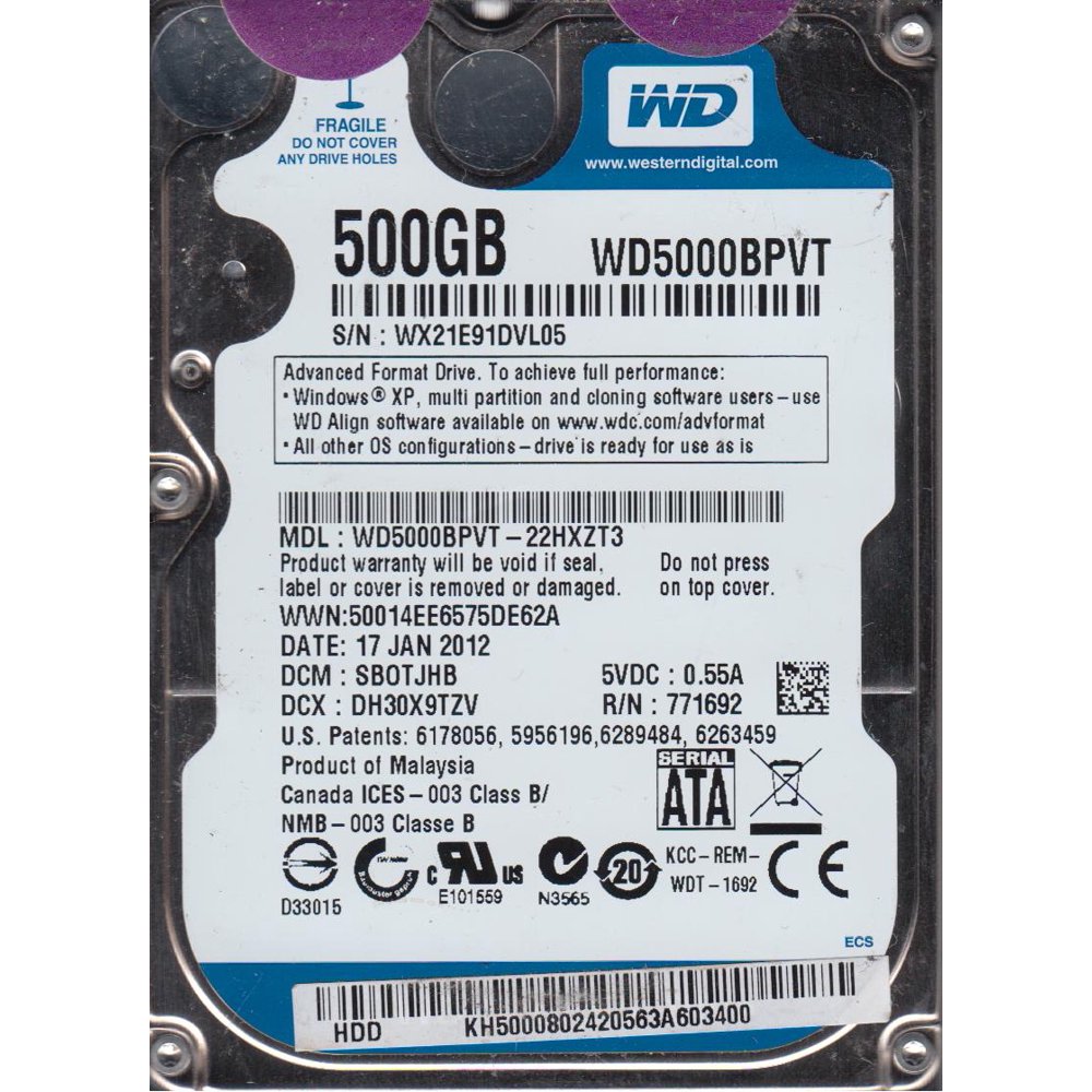 WD5000BPVT-22HXZT3, DCM SBOTJHB, Western Digital 500GB SATA 2.5 Hard ...