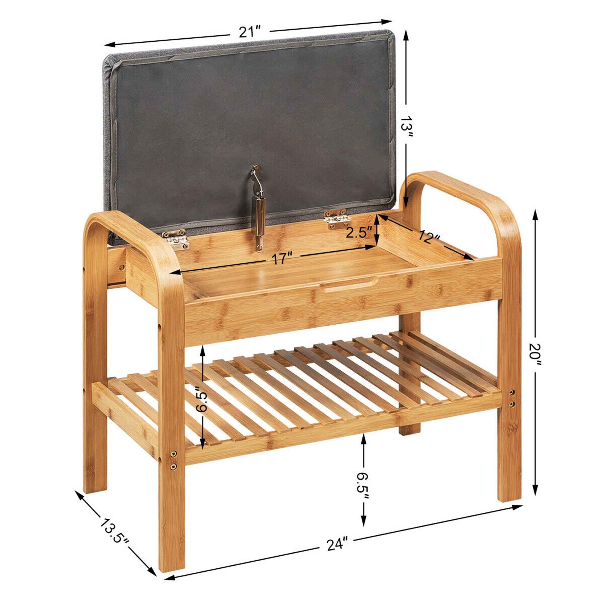 Gymax 1-Tier Cushioned Seat and Shoe Storage Bench, Bamboo, Linen and Wood, Brown and Gray
