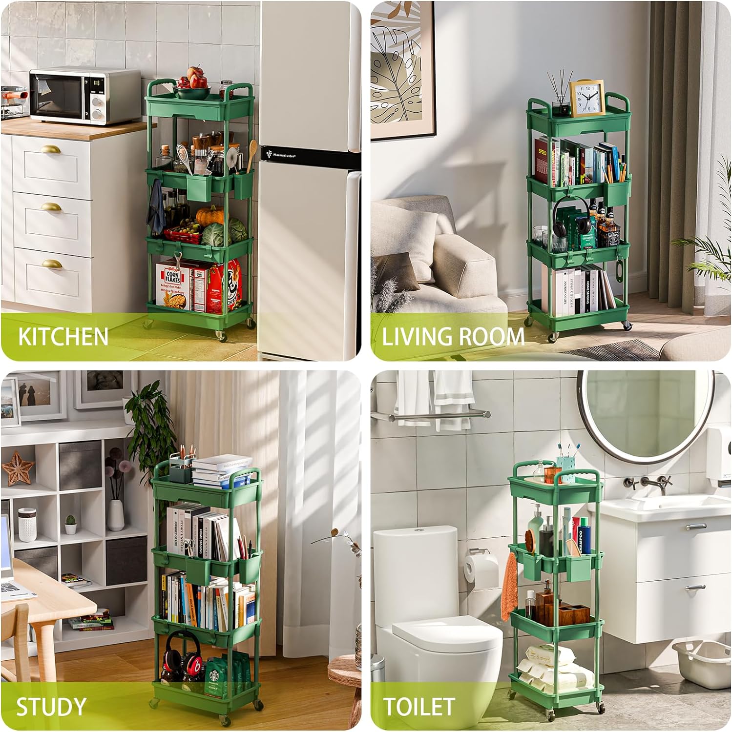 4 Tier Rolling Cart Organizer,Art Craft Diaper Bedside Snack Laundry Room Bathroom Organizer Narrow Thin Slim Rolling Trolley Utility Cart with Wheels for Kitchen,Office(Green)