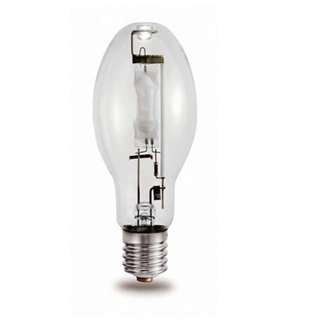 foco metalarc haluro metálico 400 w luz neutra 39000 lm e40 nuevo bombilla tubular de vidrio transparente con base roscada E40 en vista frontal, muestra cápsula y soporte interno; 400 W, 4,000 K (luz neutra), 39,000 lm, 135 V, vida útil 20,000 h, para iluminación deportiva, industrial y estacionamientos; también adecuada para luminarias de poste y reflectores compactos.
