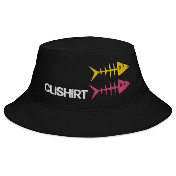 Clishirt Adult Unisex Embroidered Yellow Magenta Fish Cotton Black Bucket Hat