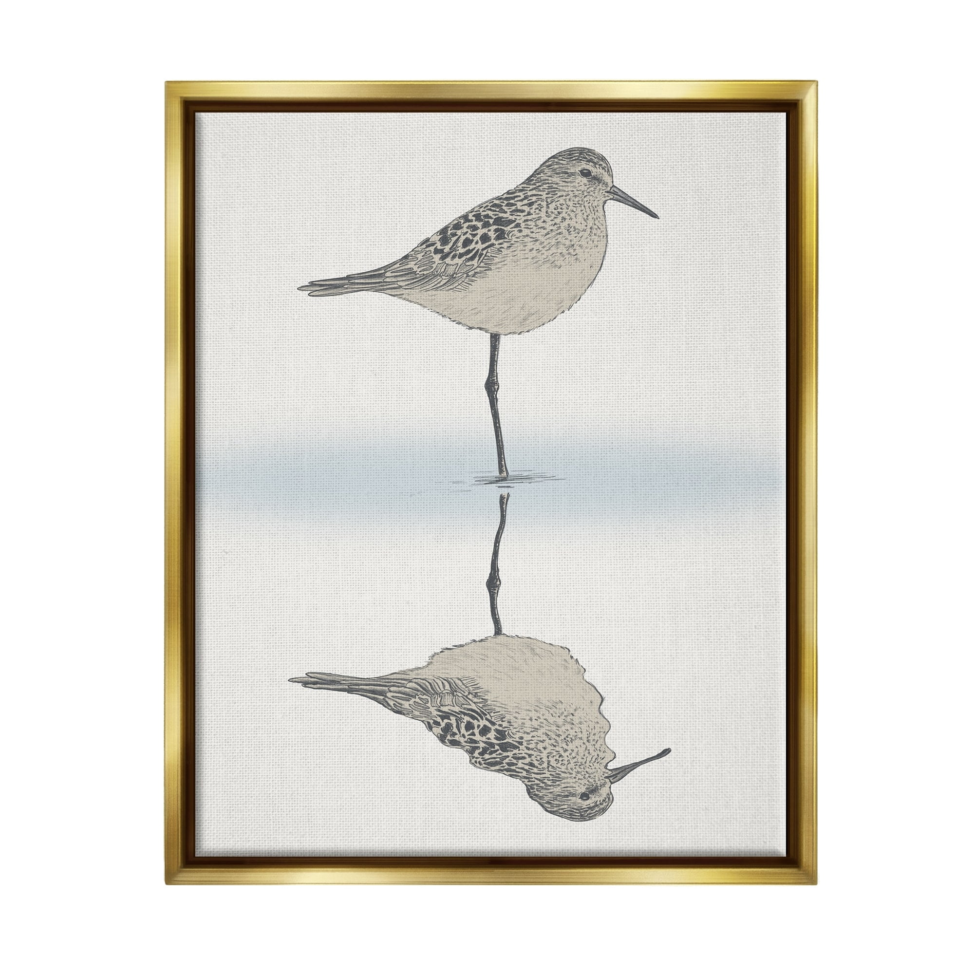 Stupell Industries Soothing Sandpiper Bird Standing Ocean Shoreline Reflection Graphic Art Metallic Gold Floating Framed Canvas Print Wall Art, Design by Ziwei Li