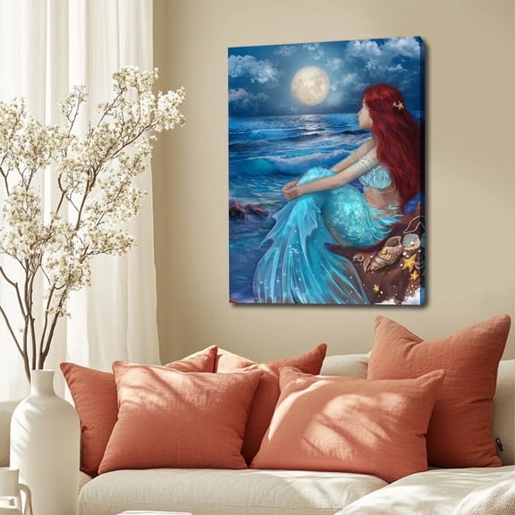 Girl Photo Pictures Blue Ocean Wall Decor Moon painting Colorful  Contemporary Canvas Art for Living Room Dining Room 24"x36"Office Decor