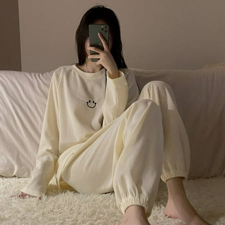 

CoCopeaunt Pure Cotton Pajamas Womens Spring and Autumn Models Long-sleeved Home Service Womens Simple Loose Casual Suit