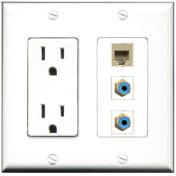 RiteAV - 15 Amp Power Outlet 2 Port RCA Blue 1 Port Phone Beige Decorative Wall Plate