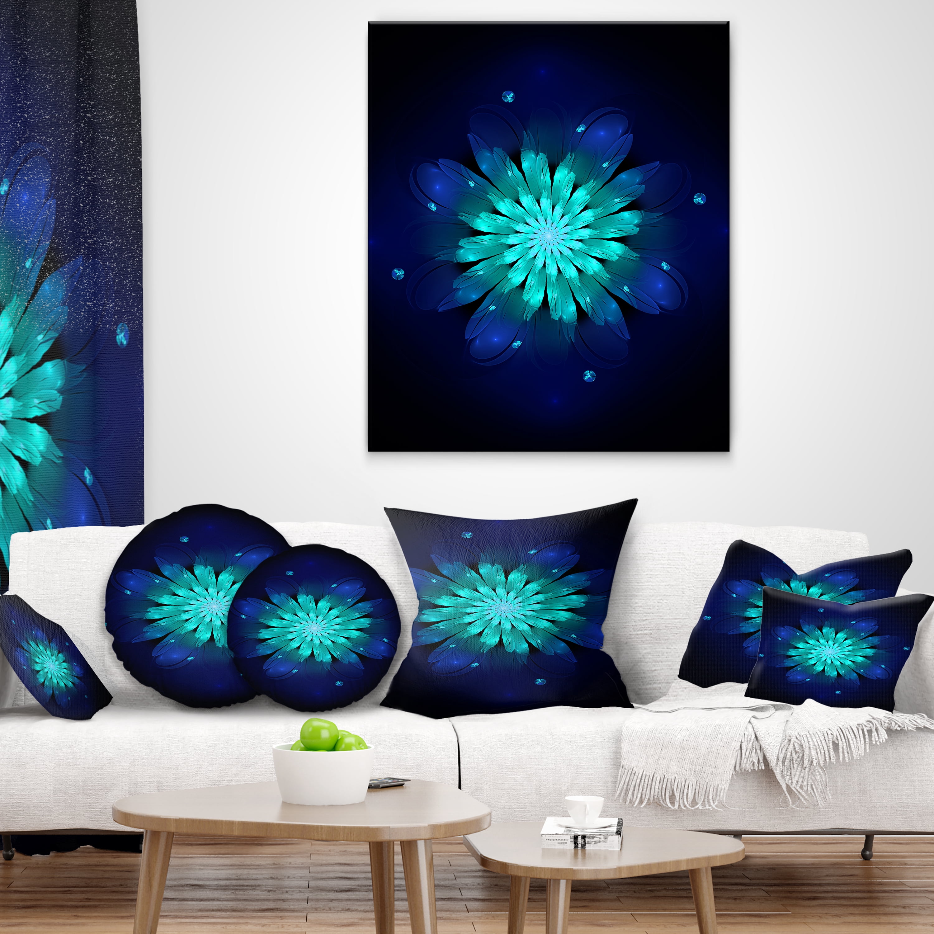 Designart Fractal Flower Blue N Turquoise - Floral Throw Pillow - 16x16
