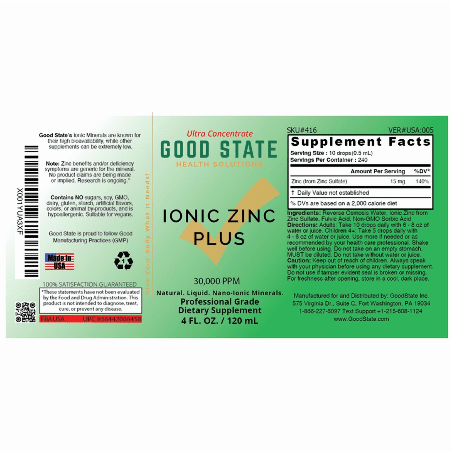 Good State Liquid Ionic Zinc Plus Ultra Concentrate, 240 Servings, 4 Fl Oz - Supports Immune Health