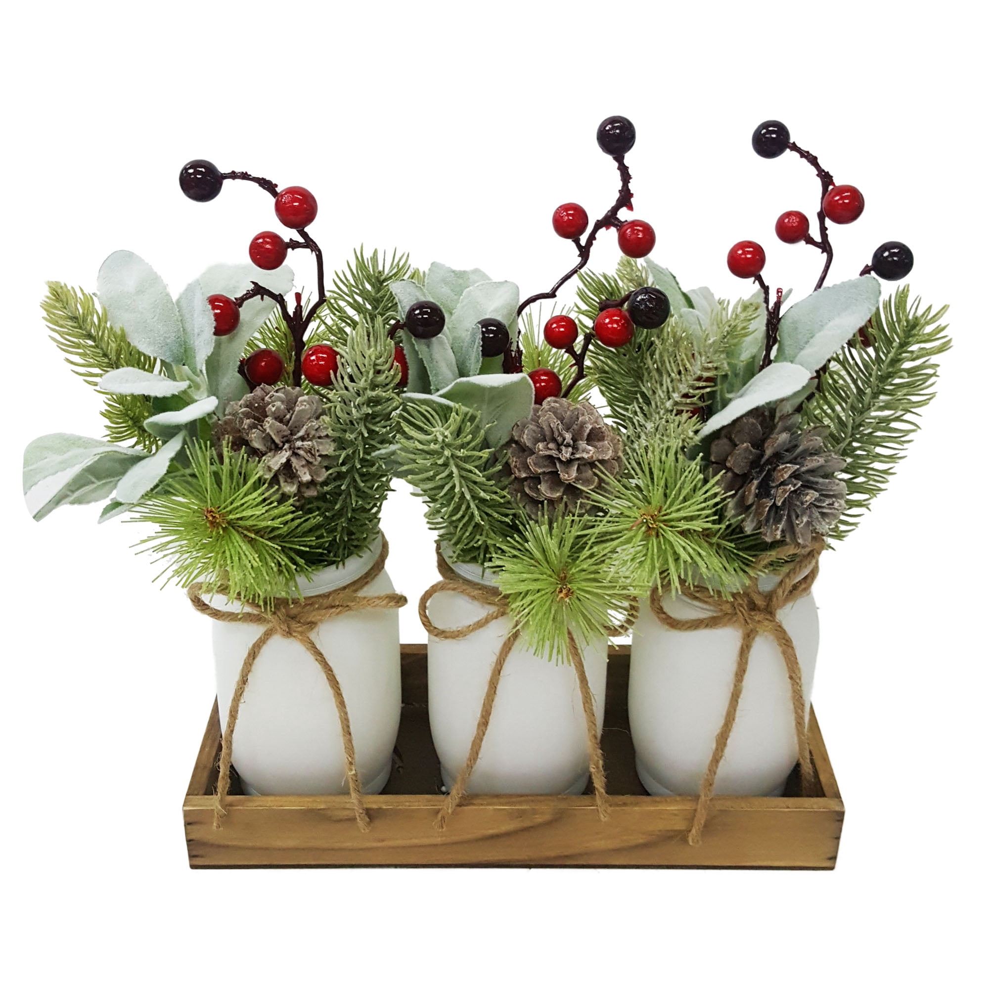 Holiday Time Artificial Liparis and Red Berry Mason Jar and Wood Rail Floral Arrangement