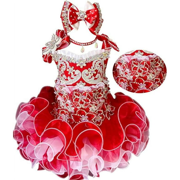 Jenniferwu G016 Glitz Infant Toddler Baby Newborn Little Girl's Pageant Party Birthday Dress RED Size9-12Months