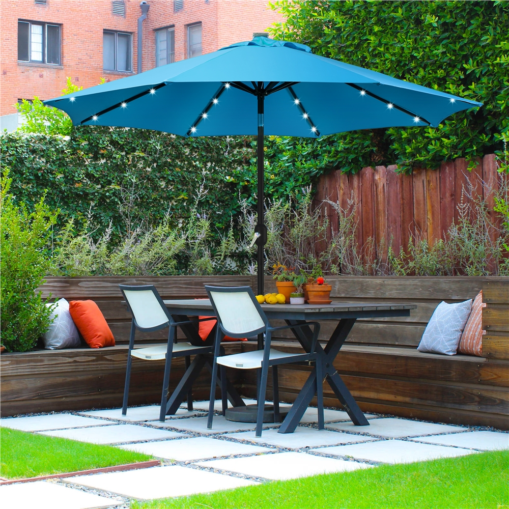 Alden Design 9ft Standard Patio Umbrella with LED Lights, Sky Blue