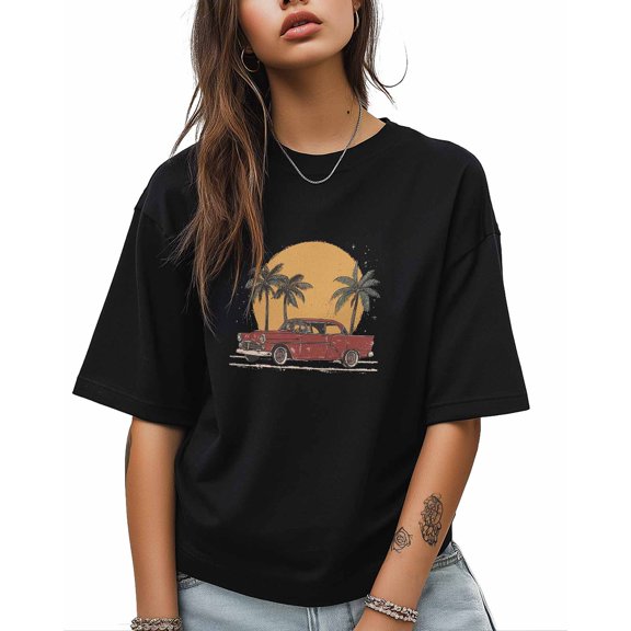 Red Retro Style Car T Shirts for Women Short Sleeve Cotton Crewneck T-Shirt Palm Tree Yellow Sunset Tee Tops Casual Basic T-Shirts, XS-5XL Black 5XL