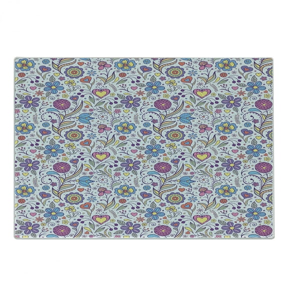 Pastel Cutting Board, Peonies Daisies Tulips Colorful Doodle Style Botanical Garden with Heart Shapes, Decorative Tempered Glass Cutting and Serving Board, Small Size, Multicolor, by Ambesonne