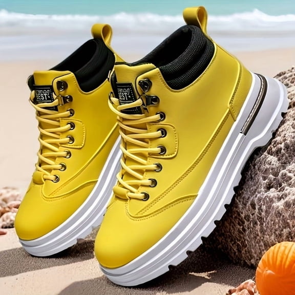 Men's , Rugged Traction Tread for Urban Strolls, Beach Walks & Hiking (Unisex) & High-Top Ankle Boots - Mustard-Yellow PU Hiking & Casual with PVC Sole, All-Season Outdoor Trekking Boots